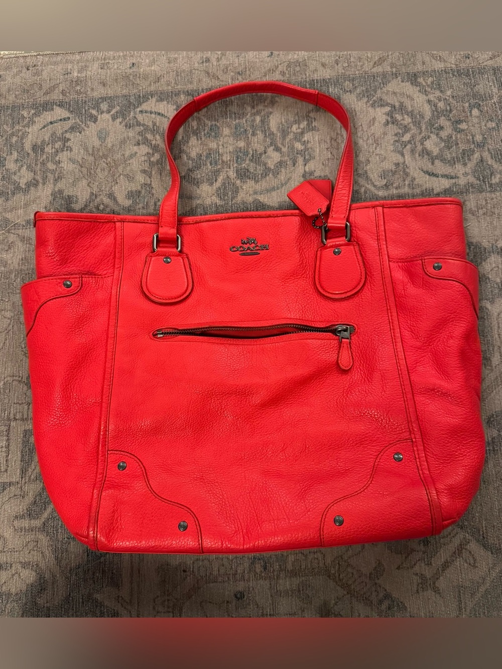 Coach Mickie Red Pebbled
Leather Double Handles Zipper
Tote Bag